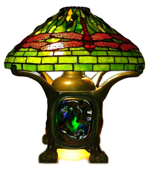 Classic Fuel Oil Style lamp with a Tiffany Dragonfly shade.